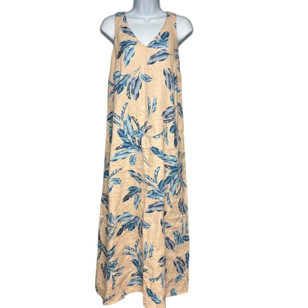 J. Jill Linen Lagenlook Beachy Pink Blue Tropical Sleeveless Maxi Dress Sz S‎